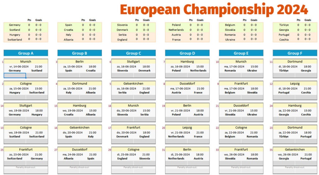 Speelschema EK 2025 excel invulschema gratis download